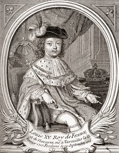 Retrato de Luís XV quando criança, 1710 1774. Monarca Bourbon que governou como rei da França e Navarra. De Les Heures Libres publicado em 1908. de French School