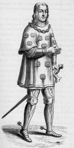 Retrato de Louis de Malet, senhor de Graville (ca. 1441-ca. 1519), almirante da França em 1487, em traje de guerra e torneio. Gravura em "La Marine et les colonies: commerce" (A Marinha e as colônias: comércio) de French School