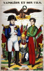 Retrato de Napoleão I e do seu filho, Napoleão II. Imagem de Epinal de French School