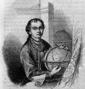 Retrato de Pierre (Peter) Anich (1723-1766), astrônomo e cartógrafo tirolês, segurando um globo e uma bússola. Gravura em "Le Magasin pitoresco". de French School