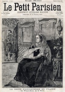 Retrato da Rainha Vitória da Inglaterra (1819-1901), viajando pela França em seu Wagon Salon. Primeira página do jornal francês Le petit Parisien. 21 de Março de French School