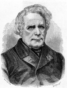 Retrato de Ruhmkorff Heinrich Daniel (1803 - 1877), construtor de instrumentos físicos (o aparelho de indução), mecânico e electricista alemão - no "Álbum da Ciência; cientistas ilustres; Grandes descobertas" 1896. de French School