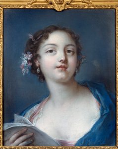 Retrato de uma rapariga a ler uma partitura de uma pintura anónima. Chantilly do século XVIII, museu Conde de French School