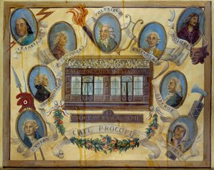 Retrato de figuras históricas e vista do café parisiense Le Procope: Benjamin Franklin, Jean Jacques Rousseau, Voltaire, Jean D