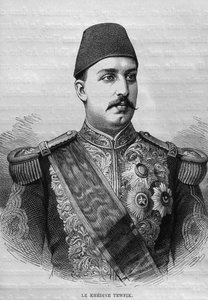 Retrato do Khedive Tawfig (1819-1892), de LEgypte de Georg Moritz Ebers (1837-98), 1881 (gravura de bw) de French School