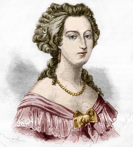 Retrato da Marquesa de Boufflers Marie Francoise Catherine de Beauvau Craon (1711-1787). Gravura em "A história da prostituição e do deboche entre todos os povos do mundo desde a antiguidade até os dias de hoje" pela Dra. Th. -F. Debray. 1879. de French School