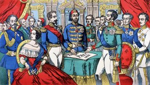 Retrato dos soberanos da Europa durante o Tratado de Paz de 1856: da esquerda para a direita, Victor Emmanuel II (Victor Emmanuel) (Vittorio Emanuele), Rei da Sardenha, Vitória, Rainha de Inglaterra, Napoleão III, Imperador Turco, Alexandre II, Rei da Rúss de French School