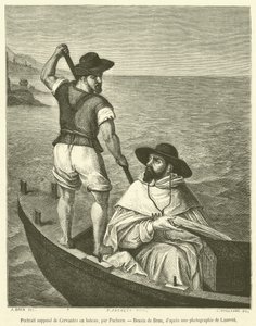 Retrato de Cervantes em um barco (gravura) de French School
