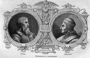 Retratos de Nicolau o Mistério (século X) e Euthymius de Athos (955-1028), Patriarcas de Constantinopla. Gravura em "Histoire des Papes-Rois-Queen and Empereurs a travessa les centuries" de Maurice Lachatre de French School
