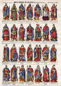 Retratos dos reis e rainhas da França da Dinastia dos Merovíngios e Carolíngios. Imagens epinais do final do século XIX. Coleção particular. de French School