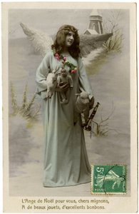 Postal: O anjo de natal pra você, querida fofa, tem brinquedos lindos, doces excelentes de French School