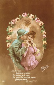Postal retratando um soldado francês e sua amante, 1914-18 (foto colorida) de French School