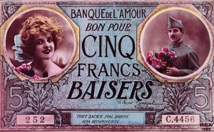 Postal na forma de um vale para cinco kissesfrancs do Banco do Amor, 1914-18 de French School