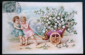 Cartões postais representando Cherubs a puxar uma carruagem carregada com Lily of the Valley de French School