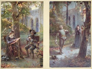 Cartões postais representando Cyrano de Bergerac com Roxanne, c.1900 de French School