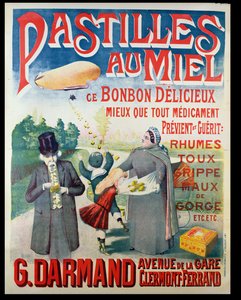 Cartaz publicitário Pastilles au Miel, pastilhas de mel, feitas por G. Darmand