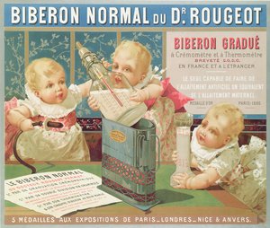 Cartaz publicitário de uma garrafa graduada desenhada por Dr. Rougeot, 1887