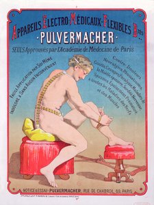 Cartaz publicitário de uma massagem corporal eletro-médica e máquina de estimulação Pulvermacher, 1884