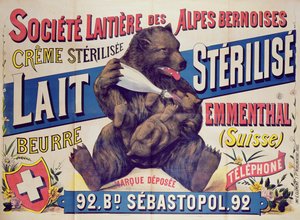 Cartaz publicitário leite esterilizado, manteiga e queijo Emmenthal da Societe Laitiere des Alpes Bernoises, 1895-1900