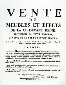 Cartaz publicitando a venda dos móveis e efeitos de Marie-Antoinette no dia 25 de Agosto de French School