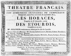 Cartaz para a performance de Les Horaces de Pierre Corneille (1606-84) no Theatre Francais em Paris, 1812
