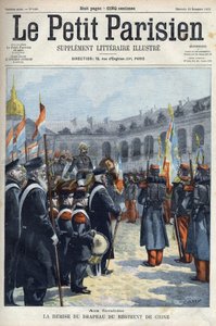 Apresentação da bandeira do Regimento da China pelo General Faure Biguet (Faure-Biguet) ao General Arnoux governador nos Inválidos em Paris, em " Le petit Parisien" 1901 (gravura) de French School