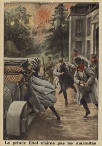 O príncipe Eitel Friedrich da Prússia, segundo filho do Kaiser Wilhelm II da Alemanha, foge em pânico quando o seu quartel-general no Chateau de Temple-la Fosse é bombardeado pela artilharia francesa durante a Batalha do Somme, Primeira Guerra Mundial de French School