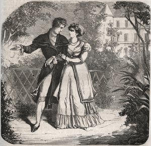 Princesa de Gales Carolina de Brunswick (1768-1821) caminhando com seu amante, Bartolomeo Bergami. Gravura de 1871 em "Histoire Des Cocus Celebres" de Henry de Kock (1819-1892). de French School