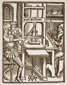 Imprensa, página de título de Hegesippus, impresso por Jodocus Badius Ascensius, Paris, 1511 (foto sépia) de French School