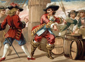 O corsário Jean Bart (1650-1702) ameaçou um corsário inglês que o fez prisioneiro, ameaçando-o de explodir o seu navio ao incendiar um barril de pólvora. Cromolitografia do final do século XIX de French School