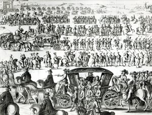 Procissão da entrada do jovem rei Luís XIV como uma criança na cidade de Paris em 18 de agosto de 1649, detalhe de French School