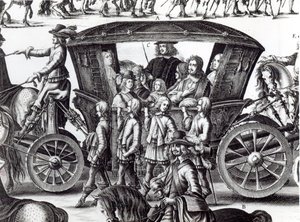 Procissão da entrada do jovem rei Luís XIV como uma criança na cidade de Paris em 18 de agosto de 1649, detalhe de French School