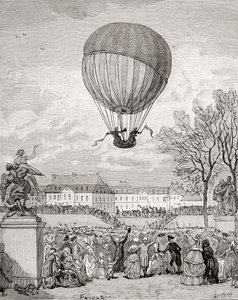 O Professor Jacques Charles e Nicolas-Louis Robert pilotam o primeiro balão de hidrogénio tripulado do mundo em 1 de Dezembro de 1783 nos Jardins de Tuilleries, Paris, do 