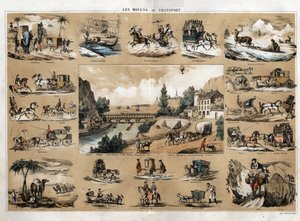 Progresso e desenvolvimento técnico do transporte, uma prancha que ilustra a evolução do meio de transporte, no centro do palco girando em torno de um rio jogando no mar, arrastando, um trem passando por uma ponte, barcos no mar, um burro, um balão i de French School