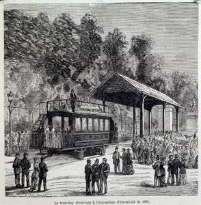Progresso no transporte: o bonde elétrico exibiu eletricidade em 1881. Gravura do século XIX de French School