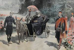 Promenade de Victoria I (1837-1901) Rainha de Inglaterra, no parque do Hotel Cimiez, perto de Nice. Gravura em "Le Pelerin" 26/03/1899. de French School