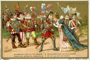 Cartão promocional para a loja de departamentos parisiense Au Bon Marché, representando uma das canções folclóricas e infantis mais populares da língua francesa Marlbrough sen va-t-en-guerre (Marlborough deixou de French School