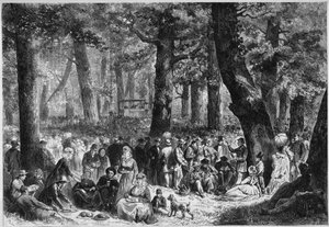 Costume protestante: o festival "zendingsfeest" ou "Missions" realizado na Holanda. Os pelerins comem durante o discurso do preditor. Gravura no "Le Monde Illustré" n°853 de 16 de Agosto de 1873. de French School