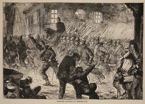 Avanço prussiano em Gravelotte, ilustração de Cassells História da guerra entre a França e a Alemanha, 1870-1871 de French School
