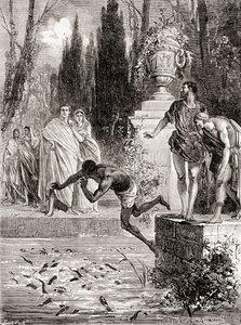 Publius Vedius Pollio, equestre romano, alimentando um escravo de suas lampreias, de Les Merveilles de la Science, publicado por volta de 1870 de French School