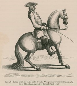 Puxando um cavalo em Snaffle (do Manege moderne em uma perfeição, por Baron dEisenberg, gravado por Bernard Picart, 1727) de French School