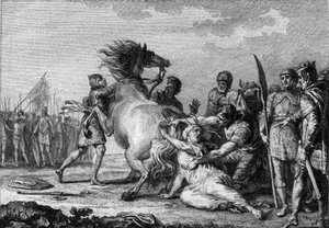 Punição de Brunehaut, 613: Brunehaut ou Brunehilde (543-613), rainha da Austrália, está presa à cauda de um cavalo indomável antes de ser arrastada para o chão. Gravura do século XVIII. de French School