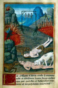 Castigo reservado aos ladrões e saqueadores no Inferno, são enforcados, queimados e devorados por cães. Miniatura de "Le Tresor de Sapience" de Jean Gerson (1363-1429) século XV Chantilly, Musee Conde de French School