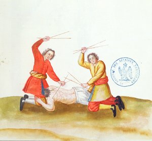 Punishment with Sticks, de Voyage en Russie, 1731 (caneta e tinta e wc sobre papel) de French School