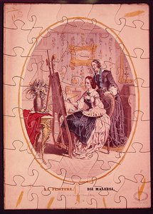 Peças de puzzle representando uma mulher pintando em um cavalete, c.1840-50 (cor litho) de French School