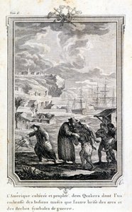 Missionários Quaker tentando evangelizar os índios da América - gravura de French School