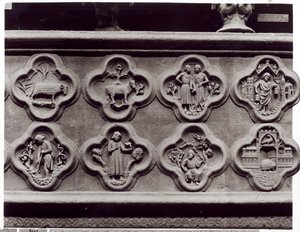 Quatrefoils com os Signos do Zodíaco, Labores do Ano, e os profetas Sophonie e Ezekiel, da Catedral de Notre-Dame em Amiens (gesso de pedra) de French School