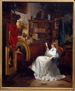 Lendo uma garota lendo um livro em um escritório. Pintura da Escola Francesa. Colecção privada do século XIX. de French School
