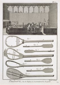 Ténis real e a construção de raquetes, da Enciclopédia de Denis Diderot (1713-84), gravada por Robert Benard (n.1734), publicada em c.1770 de French School