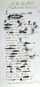 Rebus representando a Fábula do Menino e da Pomba, início do século XIX (gravura a cores) de French School